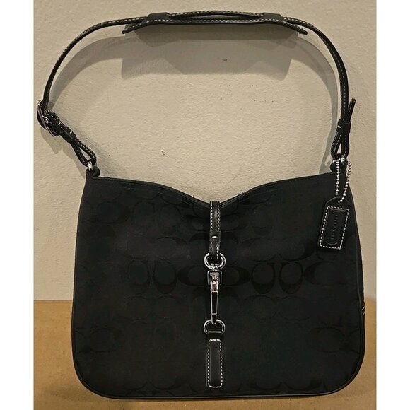 Coach Handbags - Coach  Black Hampton Signature Canvas Leather Shoulder Bag Vintage #6091